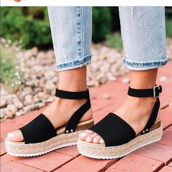 NEW**LADIES BLACK ESPADRILLE PLATFORM SANDAL - Picture 2 of 7